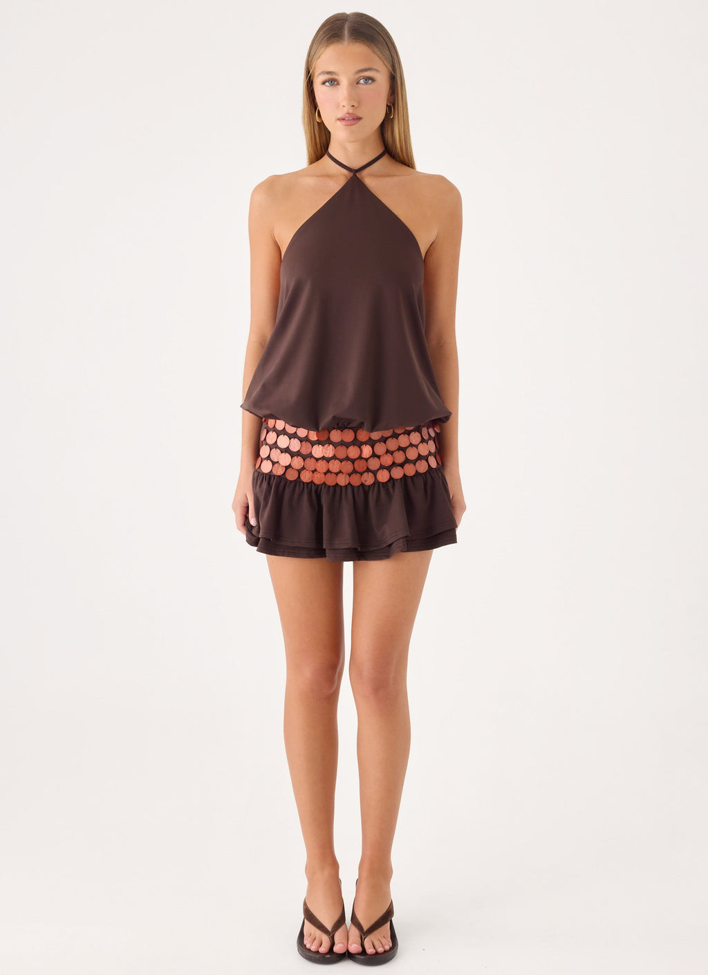 Melosa Beaded Halter Mini Dress - Chocolate